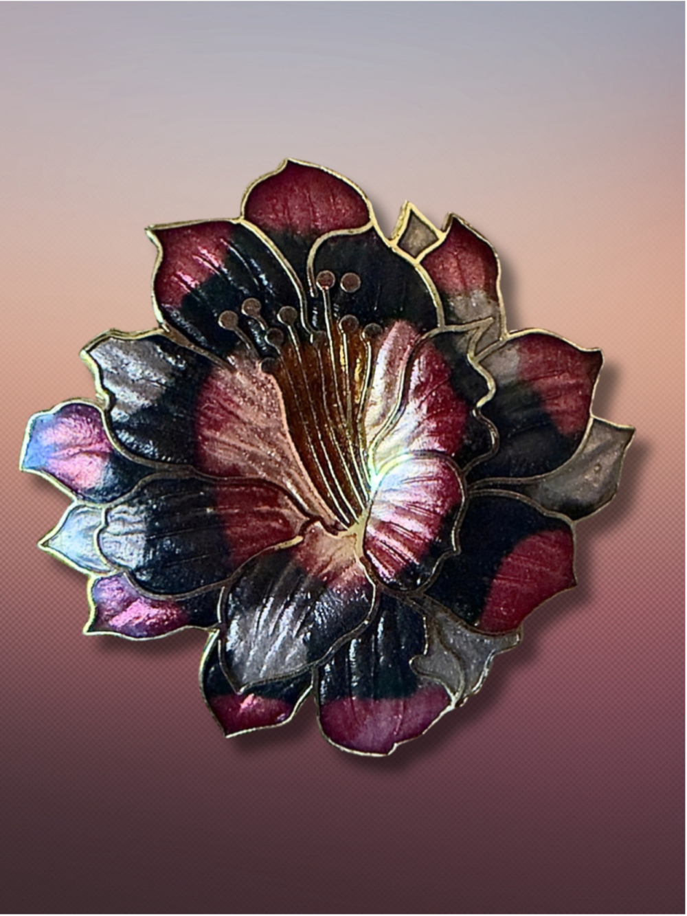 Vintage Cloisonné Hibiscus Brooch Scarf Clip
